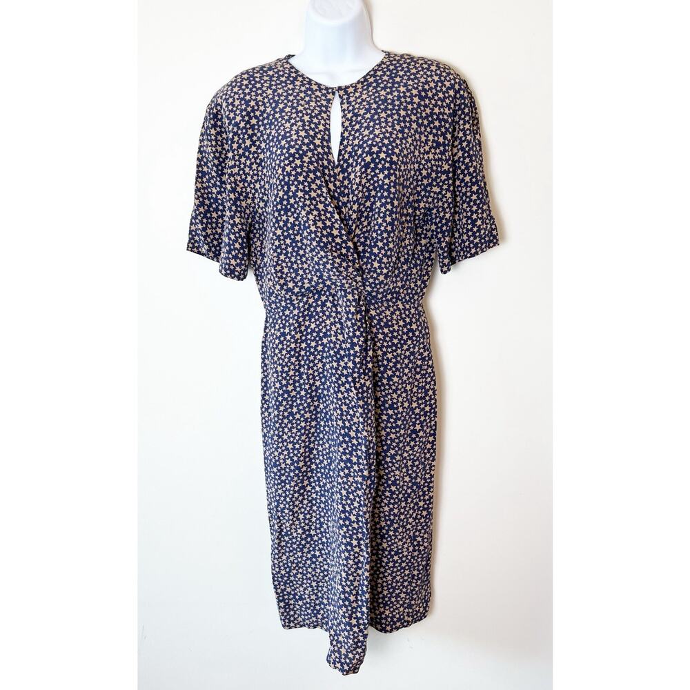 VTG Women's Flora Kung Silk Dress Size S 4 Navy Beige Star Celestial Fairy Rare